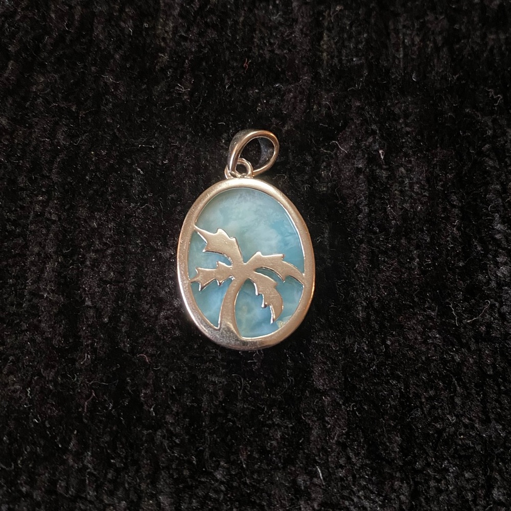Solid Natural Larimar Palm Tree Silver Pendant